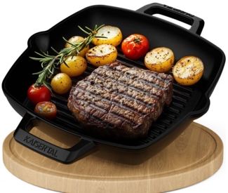Kaisertal Grillpfanne KAISERTAL Gusseisen Grillpfanne - 27cm Bratfläche - Induktionsgeeignet, Grillpfanne Induktion Gusseisenpfanne inkl. Rezeptbuch