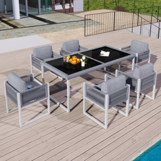 LVHOM 7-tlg. Garten-Essgruppe, Gartenmöbel Set mit Kissen, Gartenlounge-Set Sitzgruppe Polyrattan, Loungeset Balkonset für 6 Personen, Garten Terasse