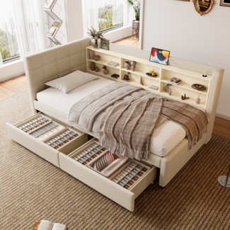 Merax Polsterbett Daybett, 90*200cm, Tagesbett, Schlafsofa, mit 2 Schubladen, USB + Typ C, mehreren Ablagefächern, (ohne Matratze), Leinen, beige