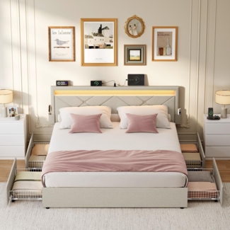 VASAGLE Doppelbettgestell, Bettgestell, 140x200 cm, LED, Metallbett, 4 Schubladen, Ladestation, verstellbares gepolstertes Kopfteil, cappuccinobeige RMB827LH01
