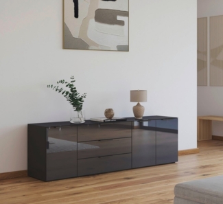 rauch Kombikommode Kommode Türkommode Sideboard Kombikommode FLIPP mit Glasfront (Breite 200 cm mit 2 Einlegeböden), 3-türig, 3 Schubladen, Soft-Close-Funktion, Oberboden und Front Glas
