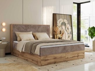 Doppelbett, Boxspringbett mit Bettkästen, Multipocket-Matratze und Topper, Set mit Kopfteil, Eiche Wotan Holzrahmen - WOOD CLASSIC - 140x200 cm - Braun Cord - H3