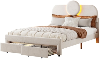 FUROKOY Polsterbett Doppelbett Stauraumbett mit LED-Beleuchtung und 2 Schubladen Beige, 140x200 cm,mit Stauraum,Gepolstert,mit LED-Beleuchtung,Samtmaterial