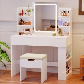 HOMALL Schminktisch mit Spiegel, LED-Beleuchtung, einstellbare Helligkeit, 2 Schubladen (L*B*H) 90*40*135 cm 8 offene Fächer (2 Seitenfächer können von links nach rechts umgestellt werden) 2 große Schubladen)