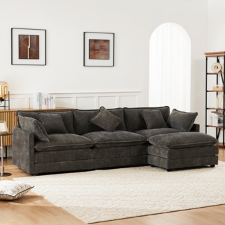 Großes Chenille Sofa mit Hocker, 3-4 Sitzer Ecksofa, L-Form Couch mit Arm- & Lendenkissen,Wohnzimmer Sofa,Dunkelgrau