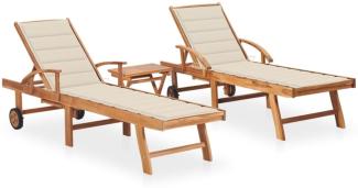 vidaXL Sonnenliegen 2 Stk. mit Tisch und Auflagen Massivholz Teak 3073173