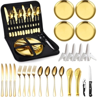 SURFOU Besteck-Set Camping Geschirr Set 4 Personen, 24 Stück Camping Besteck Set, 4 Personen, Besteck Camping mit Löffel Gabel Messer Teller Clip für Camping,Reisen