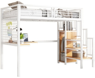 SOFTWEARY Hochbett Schreibtisch und Lattenrost, 90x200 cm Metallbett, Jugendbett