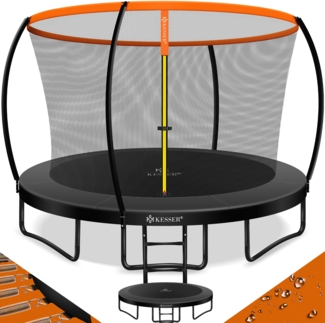 KESSER® Trampolin Gartentrampolin | TÜV Rheinland GS Zertifiziert | Kindertrampolin bis 150 kg | Komplettset mit Sicherheitsnetz, Leiter, Randabdeckung, Seitentasche & Zubehör 305 cm, Orange / Anthrazit