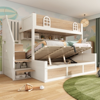 Merax Etagenbett Kinderbett 90x200 cm und 140x200 cm Holzbett mit hydraulischem Stauraum Treppenschrank Lattenroste und Rausfallschutz, Weiß&Natur