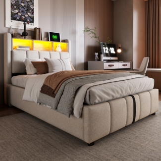 Merax Polsterbett Einzelbett 90*200cm mit LED-Beleuchtung und USB-Anschluss, Kopfteil mit Ablageflächen und Stauraum, mit hydraulischem Stauraum, Kindereinzelbett, Leinen, Beige