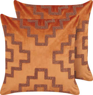 Kissen 2er Set Geometrisches Muster SERGIPE Samtstoff 45 x 45 cm Orange