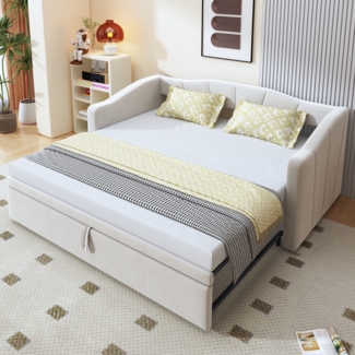 Merax Polsterbett Ausziehbares Schlafsofa 90*200/180*200 cm mit Lattenrosten, Multifunktionsbett aus hautfreundlichem Samtstoff Beige