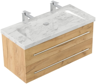 Badmöbel Marmor Carrara White Damo 100 cm 2 Hahnlöcher SoftClose eiche gold : Eiche Gold