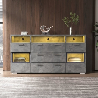 Merax Sideboard mit 3 Schubladen und 3 offenen Fächern, Kommode Industrial mit LED, Lowboard mit Metallgriff, B:140cm