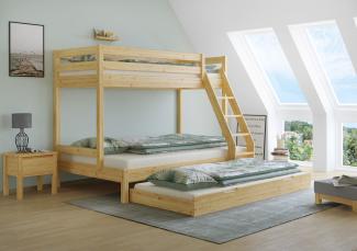 Doppel-Etagenbett 120x200 und 80x200 Erwachsenen-Stockbett Kiefer Massivholz natur V-60.18-08-12Rollrost. Matratze und Gästebettkasten inkl.