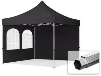 3x3 m Faltpavillon PROFESSIONAL Alu 40mm, Seitenteile mit Sprossenfenstern, schwarz