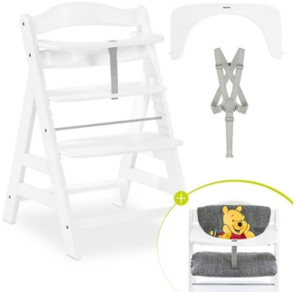 Hauck Hochstuhl Alpha Plus - Winnie Pooh Grey - White, Mitwachsender Holz Kinderhochstuhl verstellbar mit Sitzauflage & Gurt