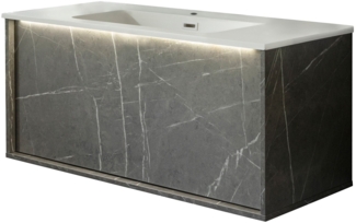 LANZET DUNE Waschbecken mit Unterschrank 101 cm breit, Marmor Grau, Waschbecken Gussmarmor Weiß, inkl. LED-Beleuchtung