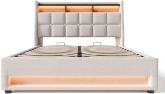 Merax Polsterbett mit USB-Anschluss + LED-Beleuchtung, Baumwolle-Leinen, Beige, 160 x 200cm