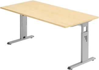 bümö höhenverstellbarer Schreibtisch O-Serie 160x80 cm in Ahorn, Gestell in Silber - PC Tisch für's Büro manuell höhenverstellbar, Computertisch verstellbar, OS-16-3-S