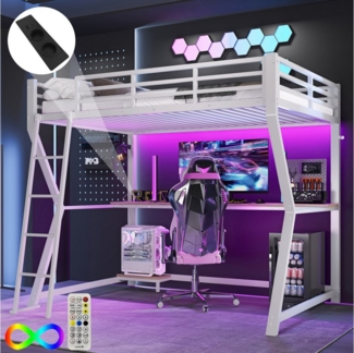 Flieks Hochbett LED Metallbett 90x200cm mit Schreibtisch und Aufladenfunktion