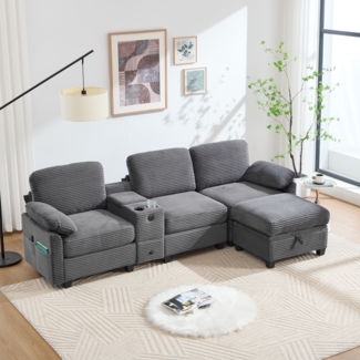 LVHOM 3-Sitzer Sofa mit Hocker, L-Form Ecksofa mit Stauraum, USB-C-Anschluss und 2 Getränkehaltern, modulares Sofa, Dunkelgrau