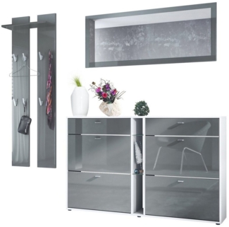 Vladon Garderoben-Set Orlando, (Garderoben-Set, mit Schuhschrank, Wandpaneel und Wandspiegel), Weiß matt/Grau Hochglanz