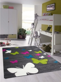 TeppichHome24 Kinderteppich Kinderteppich Schmetterlinge in Grau Pink Türkis Grün, rechteckig, Höhe: 13 mm