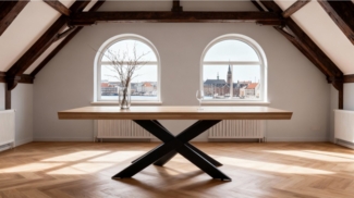 Massivart® Esstisch Wildeiche massiv geölt / 60 mm Platte / 180/200/220 / AHUS, Massivholztisch · Metallgestell · Schweizer Kante · Industrial-Look