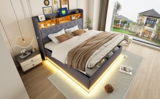 STILVORA Polsterbett Doppelbett 160/180x200 Jugendbett mit hydraulischem Stauraum und USB (Luxuriöses LED-Polsterbett,mit USB-Ladeanschluss und hydraulischem Stauraum, 180 x 200 cm), mit Matratze