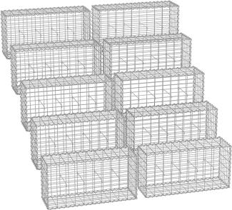 Gabionenkorb, 100 x 50 x 30 cm,10er Set, Metall-Steinkorb mit 5 x 10 cm Maschenweite für Mauersteine, verzinkt, Steingabione Mauer, silber GGB053