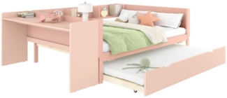 OKWISH Kinderbett mit Schreibtisch, Jugendbett Daybett Tagesbett Stauraumbett (mit integriertem Schreibtisch, Rollbett und Regalen, Kiefernholz und Spanplatte, platzsparendes Design für kleine Räume, Doppelbett mit Stauraum für Kinder und Gäste, 140x20...