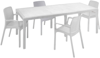 Dmora Loungeset für draußen Arret, ausziehbares Outdoor-Tisch mit 4 Stühlen, Gartentisch und Sitzgelegenheiten in Rattan-Optik, 100 % Made in Italy, Weiß