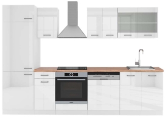 Küchenzeile R-Line Weiß Hochglanz/Weiß 300 cm , AP Eiche Vicco