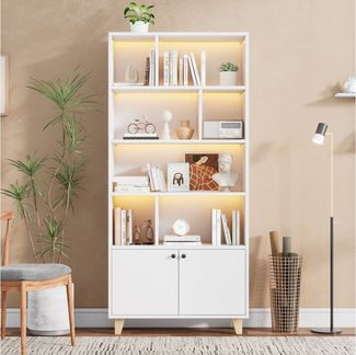 Merax Bücherregal Bücherschrank mit LED-Ambientebeleuchtung, 80 x 30 x 173 cm 1-tlg, Aufbewahrungschrank mit 7 Fächern, Doppeltüren und Massivholzbeinen