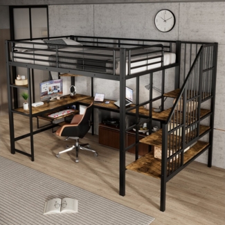 Merax Hochbett 120x200cm mit Ladeanschluss (Kinderbett aus Eisen & MDF, 1-St, Eisen-Etagenbett Einzelbett Jugendbett) Metallbett mit Schreibtisch, Tastaturablage, Ecktreppe & Ablageflächen