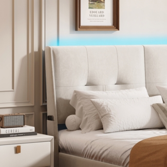 Gasdruckbett mit LED-Beleuchtung und 2 Schubladen, 140x200cm Beige Samt