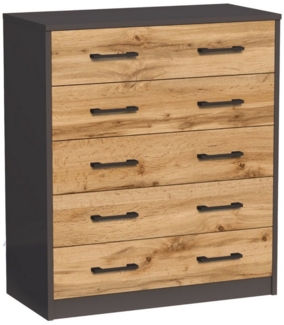 Home Collective Kommode mit 5 Schubladen mit matter Oberfläche, Kommode 74cm breit Holz (Schlafzimmer Wohnzimmer Flur Büro Organizer, Metallrollen mit Auszugsstopp), Schrank mit Schubladen Sideboard Highboard Anrichte Graphit-Eiche