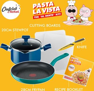 Tefal Topf-Set Tefal Pasta La Vista Kochgeschirr-Set, Aluminium (6-tlg), Pfanne 28cm & Kochtopf 20cm Inkl. Messer, Schneidebretter & Rezeptheft