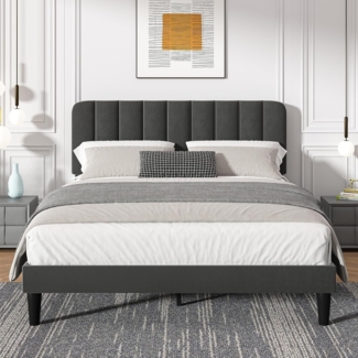 VECELO Polsterbett 140x200 cm Doppelbett mit Höhenverstellbarem Kopfteil, Stabiler Bettrahmen mit Lattenrost, Gepolstertes Bettgestell, Kein Boxspring erforderlich, Samt, Ohne Matratze, Grau