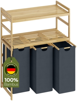 Bellamio 'Newa' Wäschesammler aus Bambus, dunkelgrau, inkl. 3 Wäschesäcke je 50 Liter aus Oxford-Gewebe, ausziehbar, mit 2 Ablagen