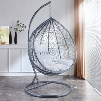 Luxus Hängesessel Miami XL Polyrattan Korb hellgrau Gestell silber Kissen weiß