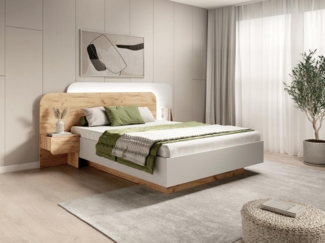 Vente-unique - Bett mit Bettkasten & Nachttischen 160 x 200 cm - Mit LEDs - Holzfarben und Weiß + Matratze - DESADO