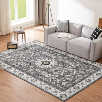 Teppich Wohnzimmer 200x290CM Waschbar Grau Vintage Kurzflor Flauschig