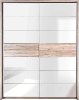 Schwebetürenschrank Rubio 8 Sandeiche weiß Hochglanz 170x210x61 cm mit Kranz, mit Dämpfungsbeschlägen