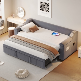Merax Polsterbett, Doppelbett, Schlafsofa, 90/180*190 cm, Mit Smart Bluetooth-Stereoanlage, USB-Ladeanschluss, Ablagefächern, Samtstoff, Grau