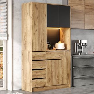 Flieks Küchenbuffet mit Steckdose, LED-Beleuchtung, Schubladen und Türen in Holzoptik (1-St, 105x40x185 cm) Hochschrank Küchenschrank Geschirrschrank mit verstellbare Ablagen