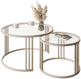 Lookway Couchtisch LORI 2in1 GLASS, runder Couchtisch mit kaschmirfarbenem Gestell (2er Set), Durchmesser: ⌀70 cm und ⌀50 cm