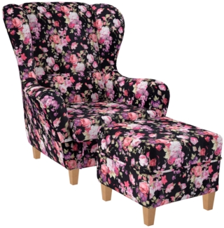 Supellex Sofia Ohrensessel mit Hocker | Patchwork, Samt-Velours, Rosen